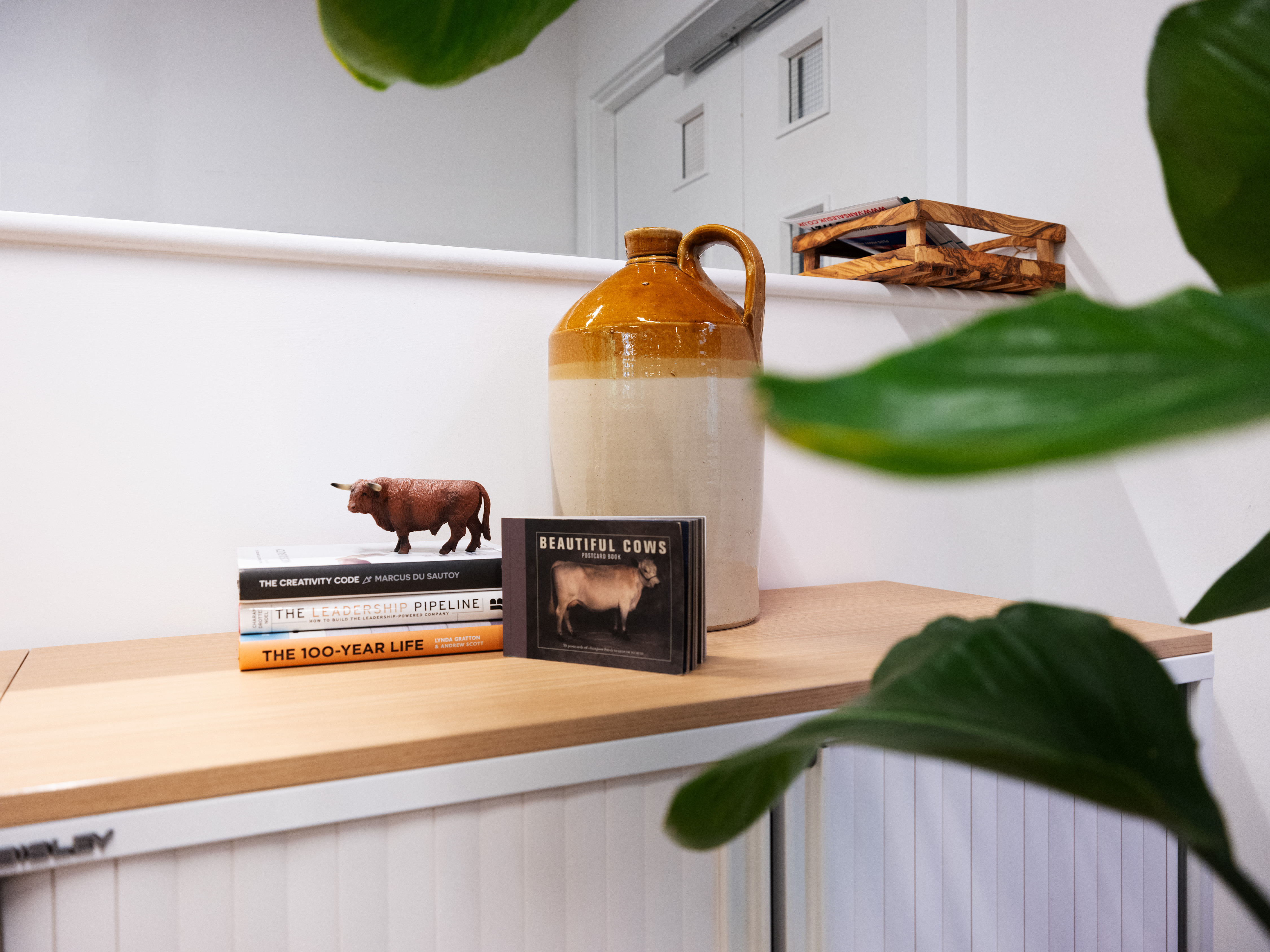 A book with the title "Beautiful Cows" on top of a wooden desk in a modern office