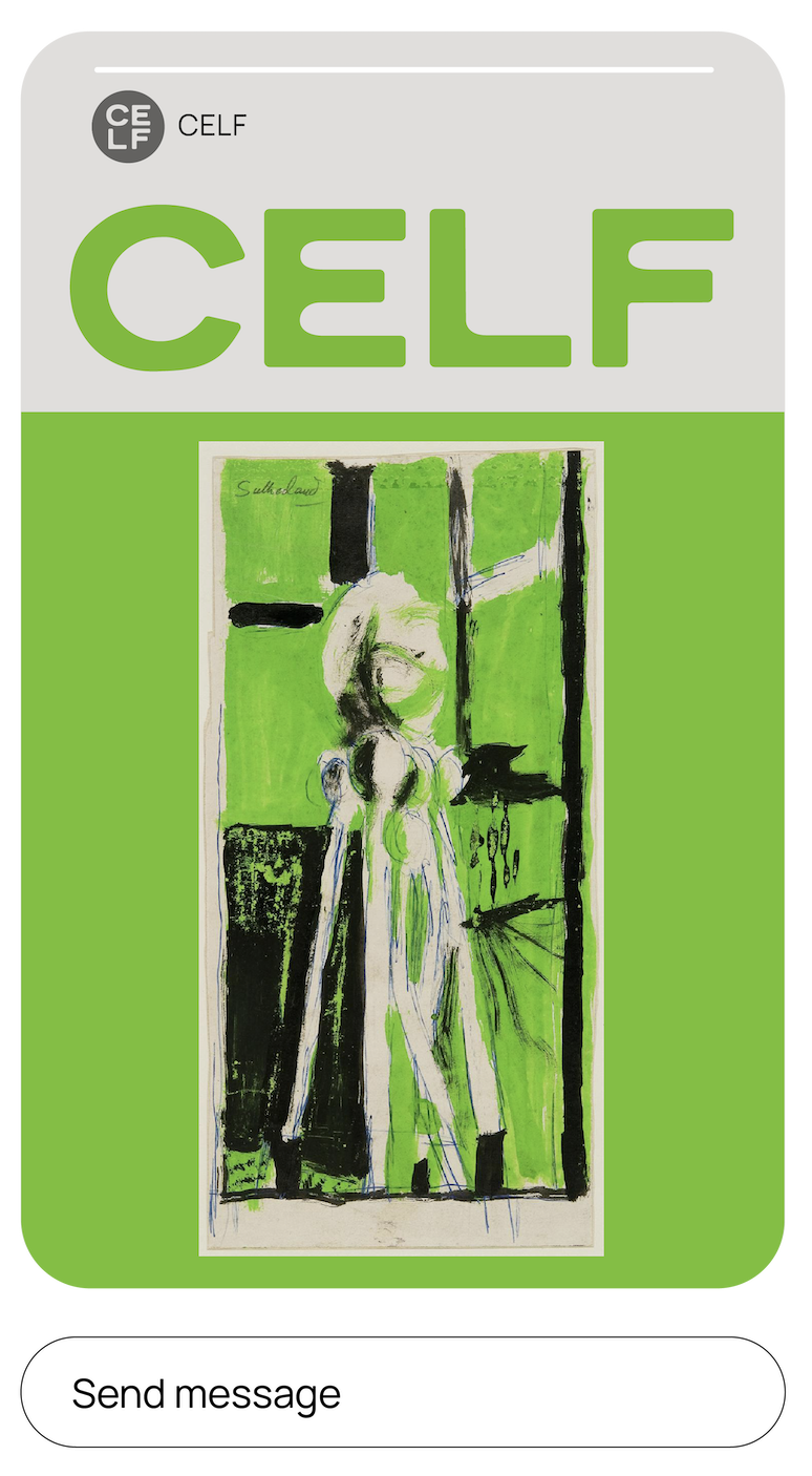 Social asset: CELF logo sitting above a painting on a bright green background